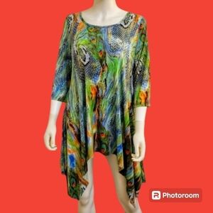 LA MODA BEACH Fairycore Peacock Assymetric Handkerchief Sharkbite Blouse Medium